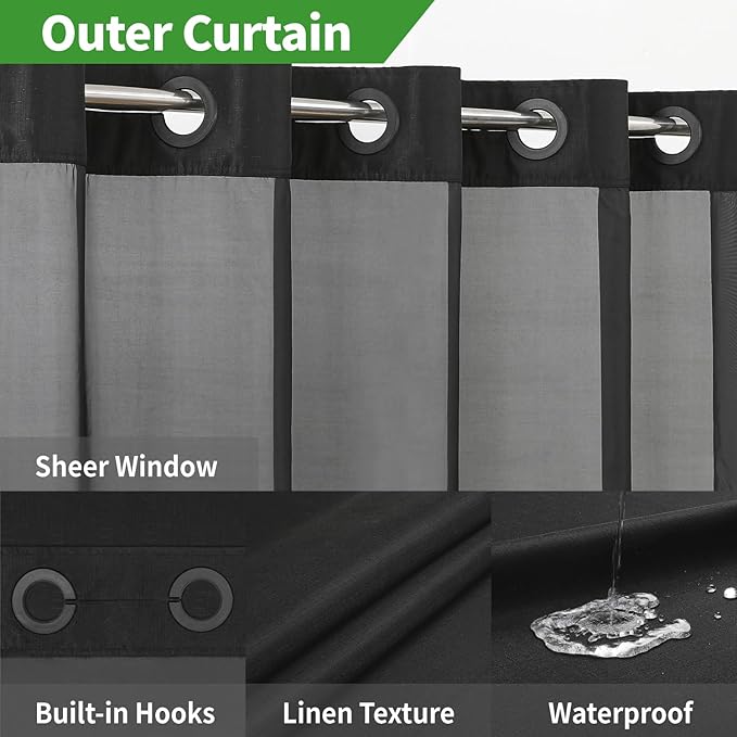 No Hooks Needed Linen Textured Shower Curtain with Snap-in Fabric Liner Set,Black Hotel Luxury Decor Shower Curtains for Bathroom with Mesh Top Window,Waterproof & Washable,71Wx74H