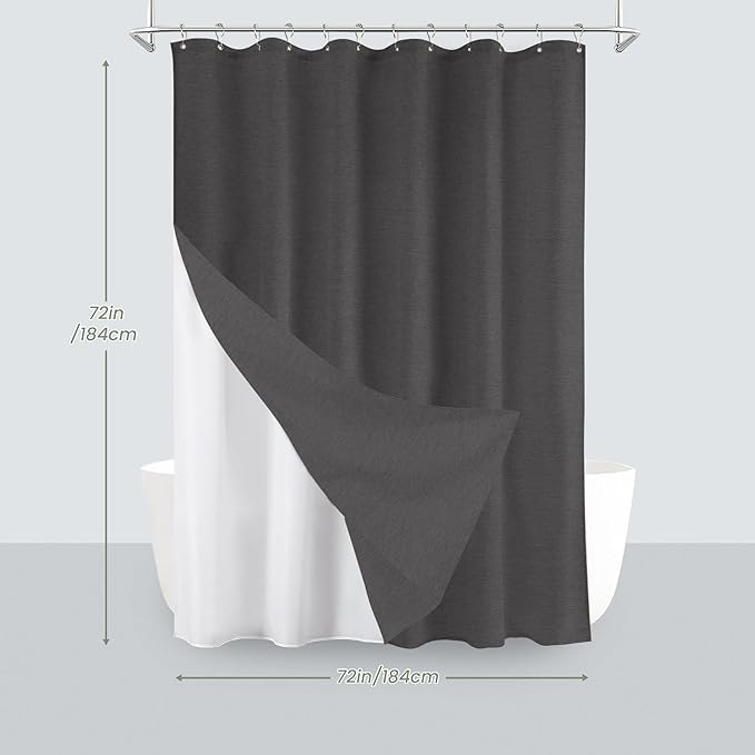Inhousolu Boho Farmhouse Shower Curtain with Fabric Liner Set, Faux Linen Textured, 14 Metal Hooks Luxury Weighted Hem, Washable Wrinkle Free Bath Curtain for Hotel Bathroom 72"W x 72"L Graphite Grey