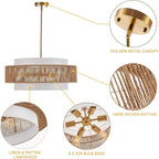 23.6" Rattan Chandelier with Linen Boho Farmhouse Hand Woven Bamboo Chandeliers Light Fixture Vintage Modern Drum Wicker Rattan Gold Chandelier for Dining Room, Kitchen, Living Room,Foyer