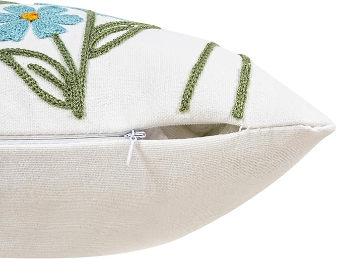 Adabana Neutral Decorative Floral Pillow Covers 18x18 Inch Boho Embroidered Throw Pillow Cover Farmhouse Couch Cushion Cases for Bed Sofa Bedrrom Living Room Decor,Spring Floral