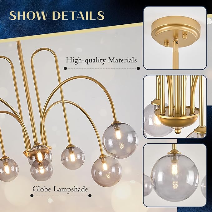 Modern Chandelier 8 Lights Gold Sputnik Light Fixture Large Luxury L41” Mid Century Smoke Glass Globe Ceiling Pendant Lighting for Foyer Staircase Living Dining Room Kitchen