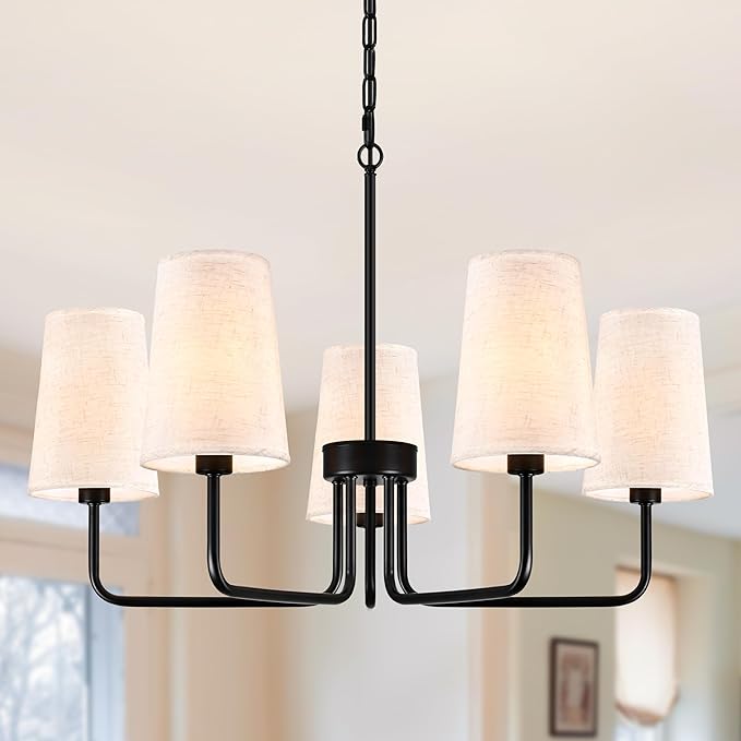 28" Black Boho Farbric Chandelier for Living Room 5-Light Coastal Farmhouse Chandeliers for Dining Room Adjustable Rustic Boho Pendant Light Fixture Bedroom Kitchen Island Entryway Foyer