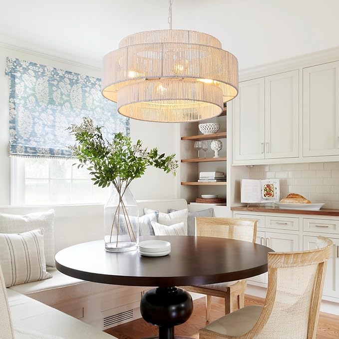 3-Tier Large Rattan Chandelier, 22.8in White Boho Coastal Pendant Lights, Woven Hemp Rope Hanging Ceiling Lights, Wicker Lighting Fixture for Kitchen Island, Dining Room, Living Room