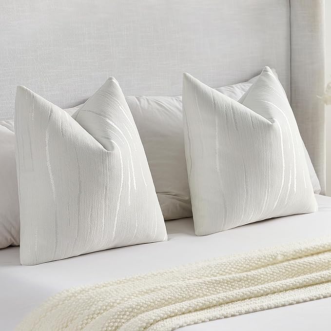 FUTEI White Chenille Decorative Throw Pillow Covers 26x26 Inch Set of 2,Soft Embossed Striped Textured Euro Pillow Shams,Modern Home Decor for Couch Bed Living Room