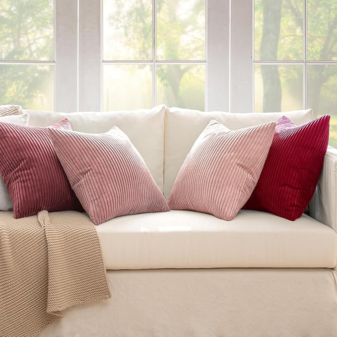 MIULEE Boho Farmhouse Christmas Throw Pillow Covers 18x18 Inch Set of 4 Romantic Decorative Cushion Covers Spring Corduroy Home Decor for Feminine Valentines Couch Bed Sofa Living Room Aesthetic Pink