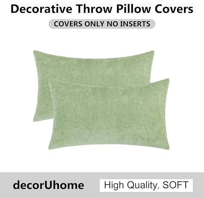 decorUhome Chenille Sage Green Throw Pillow Covers 12x20 Inch Set of 2, Decorative Soft Couch Pillow Covers Solid Dyed Accent Velvet Farmhouse Neutral Rectangle Pillow Cases for Sofa Bed Living Room