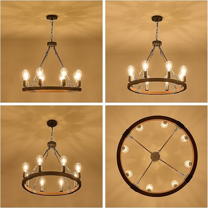 Farmhouse Wagon Wheel Chandelier 23.6" Black Rustic Light Fixtures 8-Light Wood Round Chandelier for Dining Room Kitchen Entryway Foyer