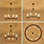 Farmhouse Wagon Wheel Chandelier 23.6" Black Rustic Light Fixtures 8-Light Wood Round Chandelier for Dining Room Kitchen Entryway Foyer