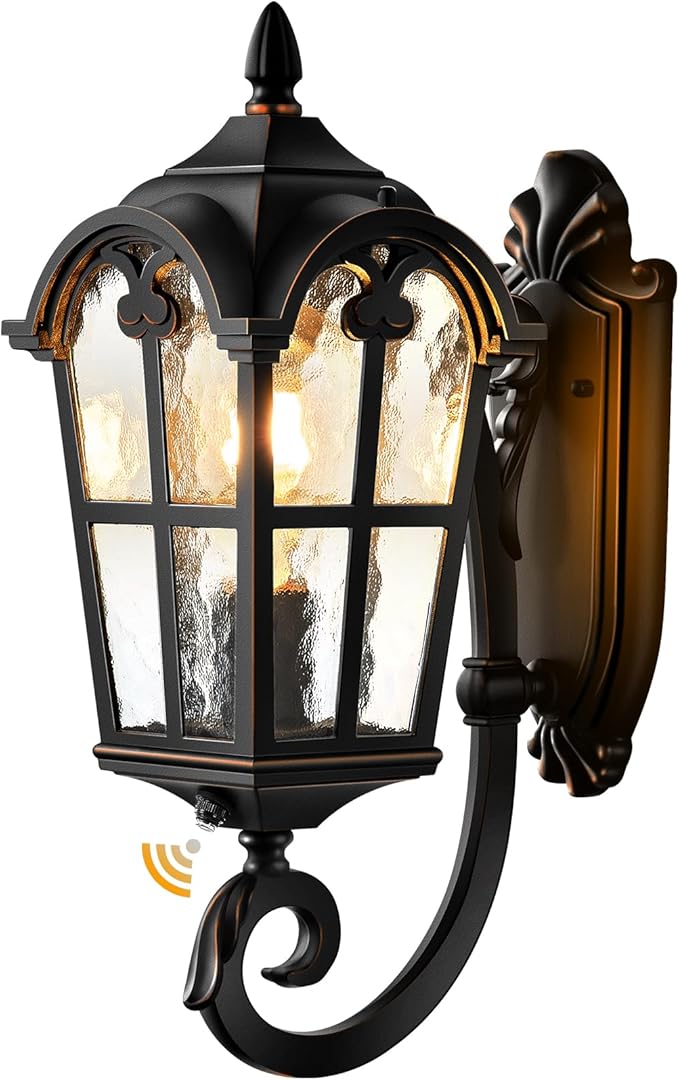 VIANIS Outdoor Lights for Porch, Black Dusk to Dawn Outside Lighting with Gold Trim, Porch Lights Outdoor with Tempered Water Ripple Glass for Garden, Patio, Entryway, Waterproof Anti-Rust