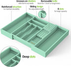 Bamboo Kitchen Drawer Organizer, Expandable Utensil Organizer with Removable Knife Block, Cutlery Tray Holder with Divider, Adjustable Silverware Organizer, Cyan