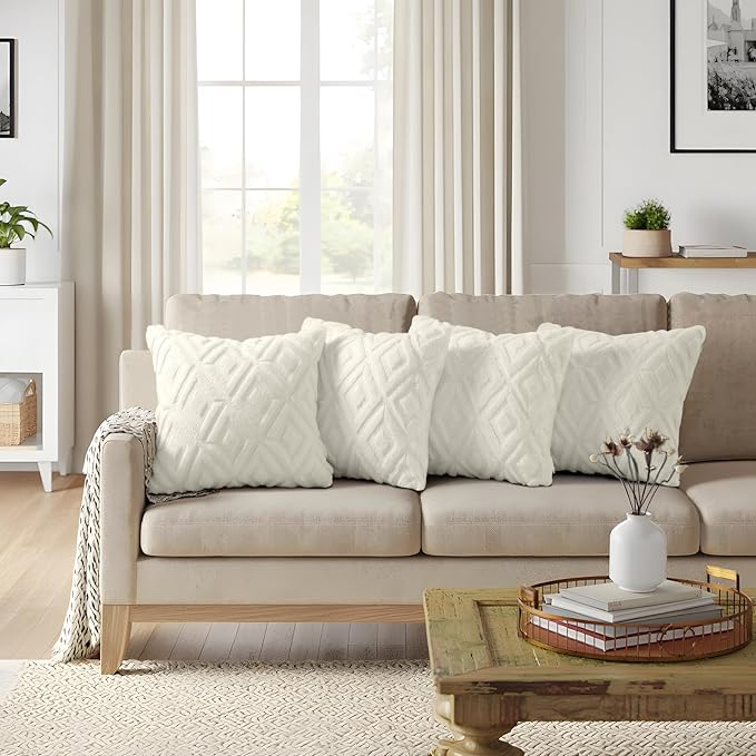 decorUhome Pack of 4 Faux Fur Throw Pillow Covers 16x16, Soft Decorative Couch Pillow Covers with Velvet Back for Modern Sofa Living Room, Cream White
