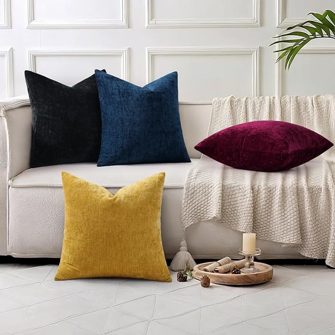 decorUhome Chenille Poseidon Throw Pillow Covers 18x18 Inch Set of 2, Decorative Soft Couch Pillow Covers Solid Dyed Accent Velvet Farmhouse Neutral Square Pillow Cases for Sofa Bed Living Room