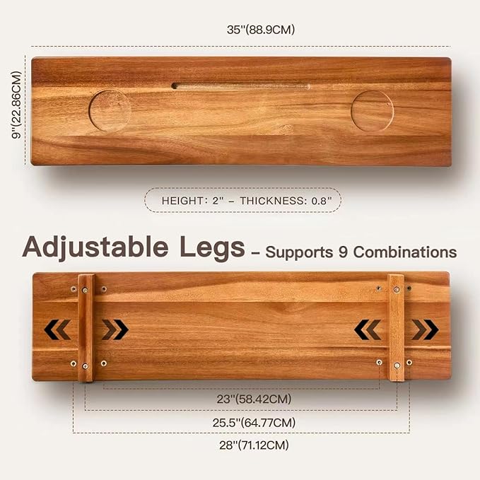 Luxe Premium Acacia Wood Bathtub Tray Caddy with Adjustable Legs, 35x9 Inch Large Wooden Bath Tub Board, Anti-Tipping Bath Shelf Over Tub, Bathtub Accessories