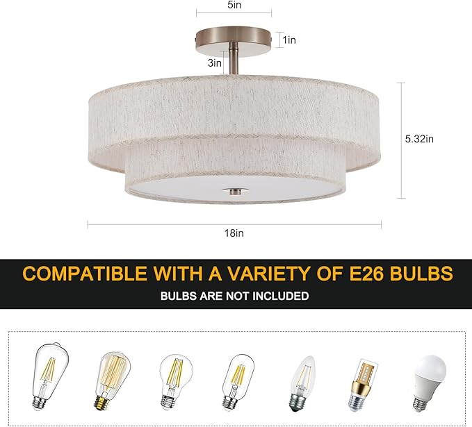 18" Semi Flush Mount Ceiling Light 3-Light Modern Linen Drum Ceiling Lighting with Chrome Finish, Vintage Ceiling Light for Living Room, Kitchen, Basement, Laundry Room, Bedroom