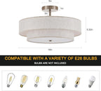 18" Semi Flush Mount Ceiling Light 3-Light Modern Linen Drum Ceiling Lighting with Chrome Finish, Vintage Ceiling Light for Living Room, Kitchen, Basement, Laundry Room, Bedroom