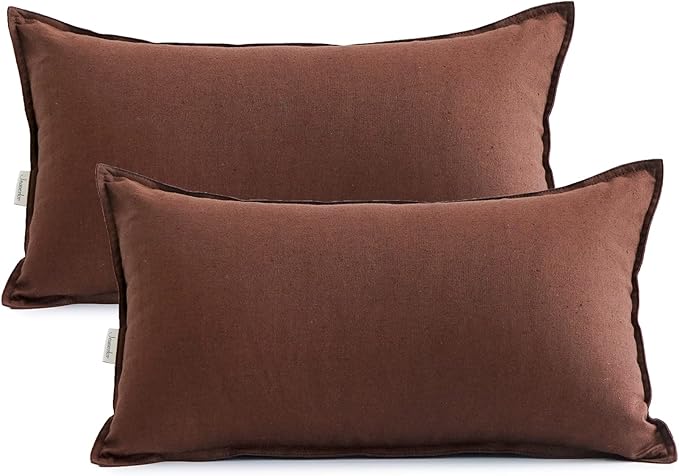 Jeanerlor Natural Cotton Linen Green Decorative 12"x20" Throw Pillow Case Cushion Cover with Twin Needles Stitch on Edge for Lumbar, (30 x 50cm), 2 Pcs, Reddish Brown
