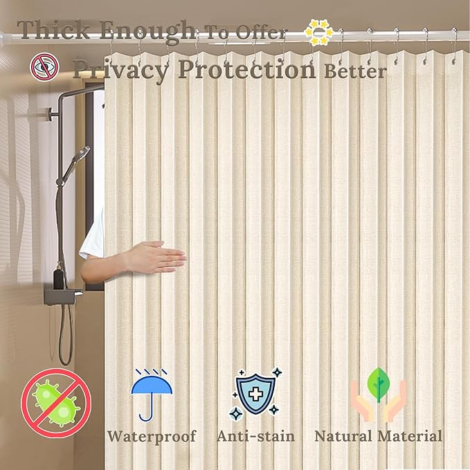 South to East Waterproof Shower Curtain, Heavy Duty Magnetic Folding Linen Shower Curtain, Non-Toxic, 72x80 Magnetic Fabric Bathroom Curtain Sets, Beige