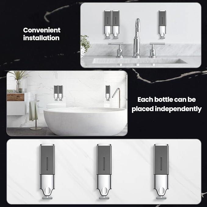 3-in-1 Quadrate Dispensers for The Shower,Shower soap Dispenser,Conditioner Dispenser, Shampoo Dispenser,No Drilled Wall Mounted Distributor,Hotel,Bathroom,Home (Triple, Grey)