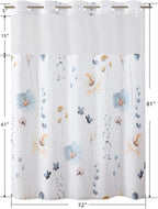 QiyI Flower Shower Curtain with Snap in Liner, Blue Beige Watercolor Floral Cloth Bath Curtains, No Hook Shower Curtains with Mesh Top Window, Fabric Waterproof Bathroom Curtain Set, 72 x 81 Inch