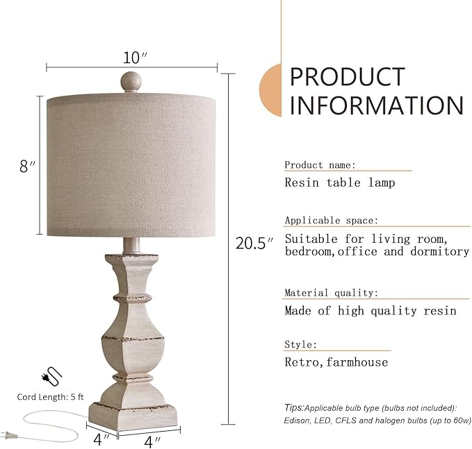 PoKat 20.5" Farmhouse Table Lamp, Vintage Bedside Lamps for Bedroom, Rustic Small End Table Lamps for Living Room, Traditional Nightstand Desk Lamps Distressed Washed White, Suitable for Small Place