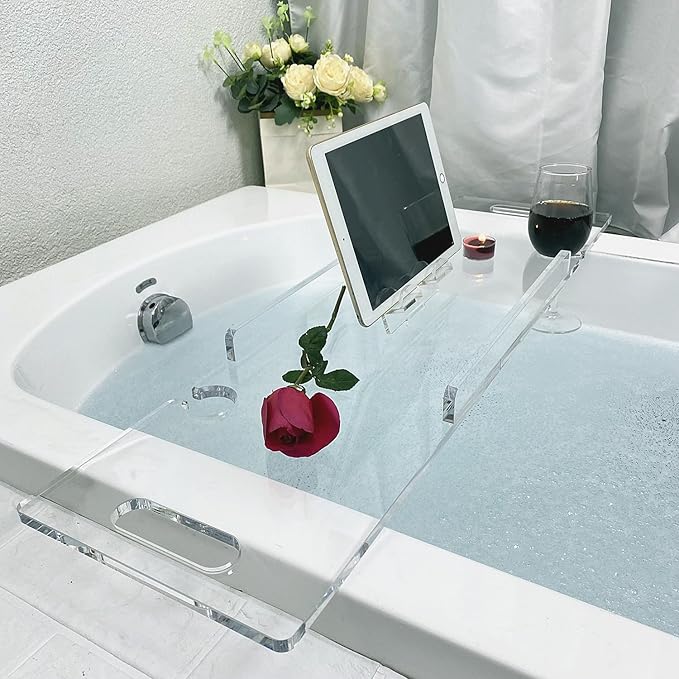 Zinginglife Luxury Clear Acrylic Bathtub Tray Caddy,Bath Tub Tray with Waterproof Design, Bath tub Caddy Table Tray for Laxury Bathroom Accessory House Warme Gifts,32",No Installation Required