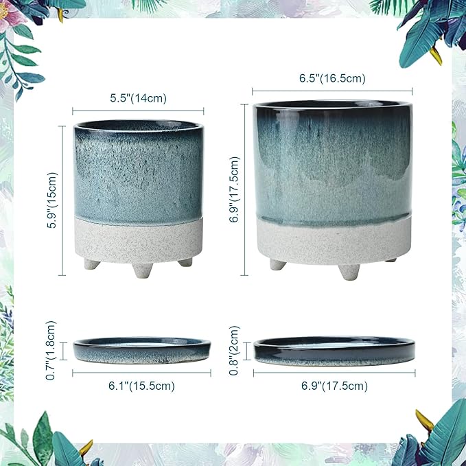 Ceramic Plant Pots Flower Pots Round Planter with Drainage Hole and Saucer Indoor Outdoor with Mesh Pad and Silicone Plug Office Home Decor 5.5+6.5 inch Set 2