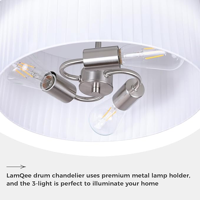 LamQee Fabric Chandelier, Curve Double Layer Ceiling Light Fixture with Adjustable Fabric Shade Modern Pendant Light (Drum-Nickel)