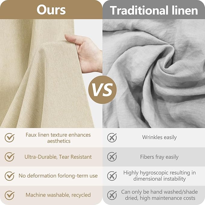 Beige Faux Linen Textured Shower Curtain Extra Long 72 x 78 Inch, Heavy Duty Fabric Shower Curtain Long Water-Resistant, Linen Look Cream Hotel Bathroom Shower Curtains Wrinkle-Free