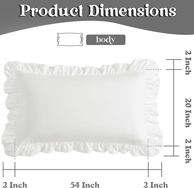 KKJIAF Ruffle Body Pillow Cases Set of 1, Ruffled Pillow Covers with Envelope Closure, Body Pillowcases Size of 20" x 54", Ruffled Long Pillow Shams, White