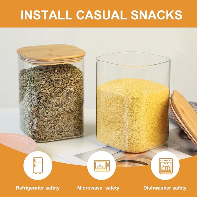 Glass Food Storage Jars 150 oz Set of 2,Glass Storage Containers Clear Glass Food Canister with Bamboo Lid Airtight For Serving Tea, Coffee, Flour, Sugar, Candy, Cookie, Spice and More (Square)