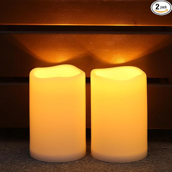 NURADA Large Outdoor Solar Candles Waterproof - 6" x 4" Rechargeable Solar Powered Flameless LED Pillar Flickering Candle for Patio Porch Lanterns Decor - Ivory White Set of 2