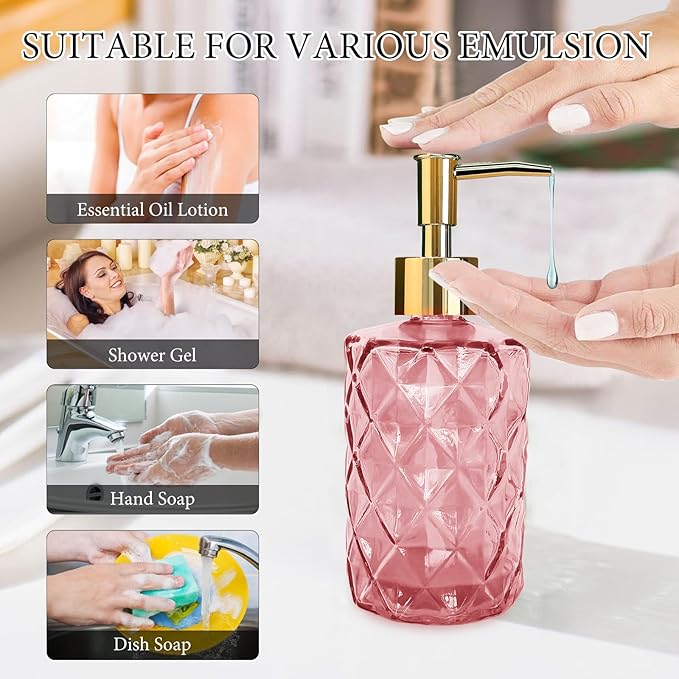 Glass Soap Dispenser with Pump, Hand Soap Dispenser for Hand Wash, Lotion Dispenser for Dishwashing Liquid, Lotion Shower Gel (Pink)
