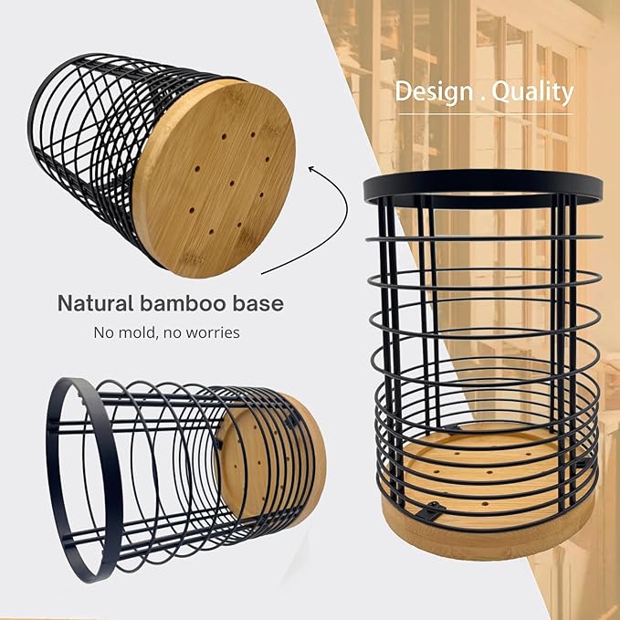 Utensil Holder with Removable Dividers, 7.2'' Large Capacity Kitchen Utensil Holder with Bamboo Base & Iron Mesh, Anti-Tip Design, 4 Partitions Utensils Holder Counter, Matte Black