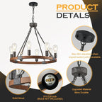 Farmhouse Wagon Wheel Chandelier 23.6" Black Rustic Light Fixtures 8-Light Wood Round Chandelier for Dining Room Kitchen Entryway Foyer