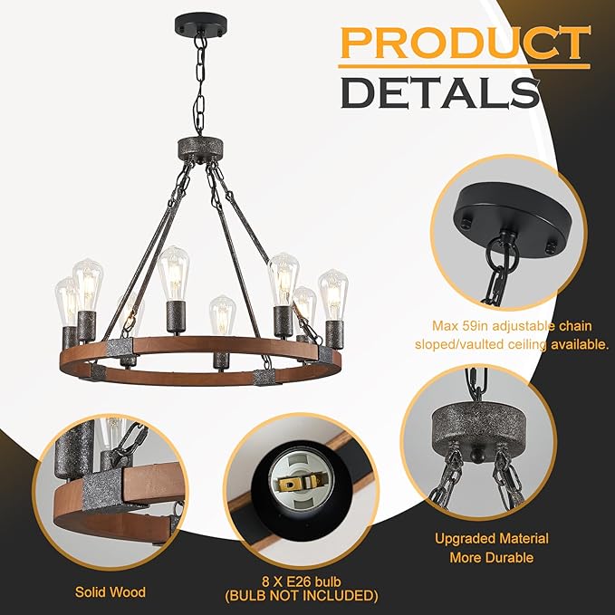Farmhouse Wagon Wheel Chandelier 23.6" Black Rustic Light Fixtures 8-Light Wood Round Chandelier for Dining Room Kitchen Entryway Foyer