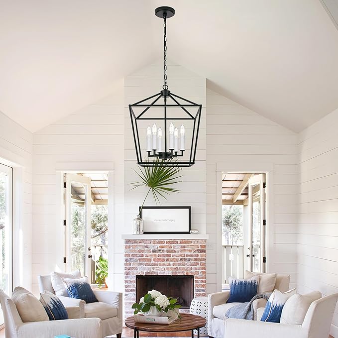 MELUCEE Rustic Open Cage Chandelier 6 Lights in Black Farmhouse Lantern Hanging Ceiling Light Large Pendant Light with White Candle-Shaped Socket for Hallway Dining Room Kitchen Island, E12 Base