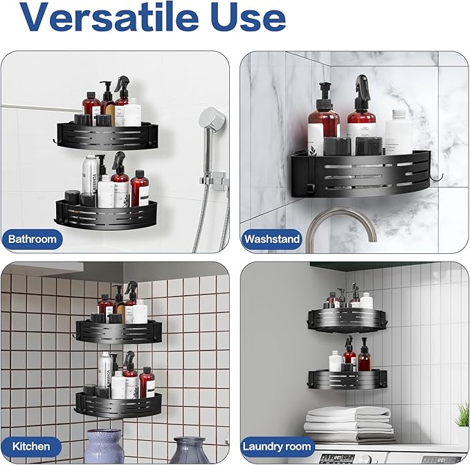 Corner Shower Caddy - 2 Pack Adhesive Shower Caddy Shelf Organizer Corner with Hooks, Rustproof Stainless Steel Bath Organizers Shower Shelf No Drilling Shelves for Bathroom Storage, Black