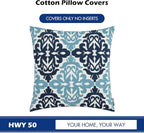 HWY 50 Blue Decorative Throw Pillow Covers 18x18 Inch (1 Piece), Embroidered Cotton Farmhouse Cushion Cover Pillow Case for Sofa Couch Living Room Bed Bedroon, Floral Geometric