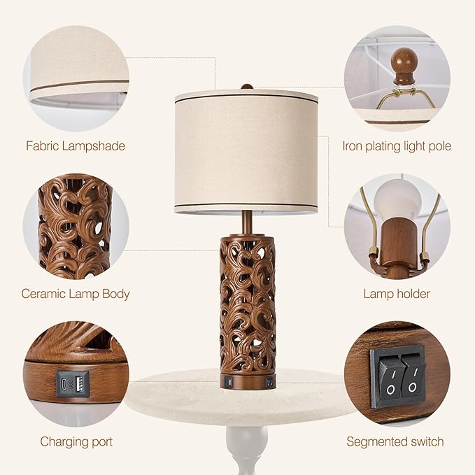 AIDENOEY 27.5" H 3-Way Dimmable Touch Control Table Lamp with USB A+C Ports, Vintage Walnut Finish Resin Bedside Farmhouse Table Lamp Set of 2，for Living Room，Bedroom，Office