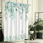 Eucalyptus Shower Curtain, Teal Watercolor Leaves with Floral Botanical Bathroom Decor, Waterproof Fabric Bath Curtain Set with Hooks, 72x72 Inches