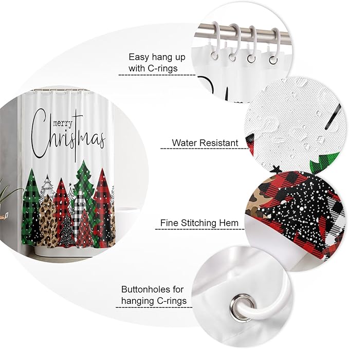 Merry Christmas Shower Curtain, Buffalo Plaid Xmas Tree Winter Forest Farmhouse Shower Curtains Set with Hooks, Red Green Waterproof Fabric Bathroom Curtains Decor Home Accessories,72 X 78 Inch Long