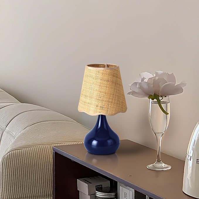 Navy Blue Small Table Lamp, Mini Bedroom Lamps for Bedside Nightstand, Rattan Shade Small Table Lamps for Small Spaces for Kitchen Counter, Bookshelf, Home Office, Living Room, Dorm