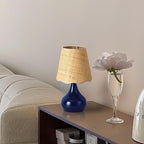 Navy Blue Small Table Lamp, Mini Bedroom Lamps for Bedside Nightstand, Rattan Shade Small Table Lamps for Small Spaces for Kitchen Counter, Bookshelf, Home Office, Living Room, Dorm