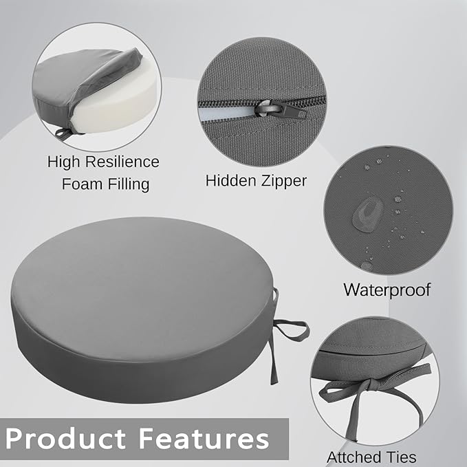 idee-home Outdoor Bistro Chair Cushions, 15”x15”x 3” Thick Outdoor Round Seat Cushions Set of 4 with Ties, Waterproof Round Patio Furniture for Garden