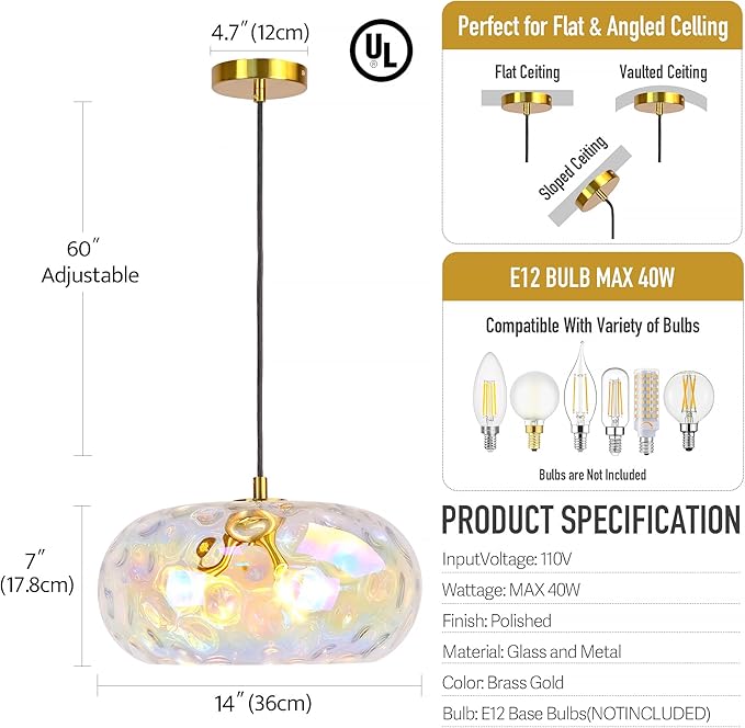 Large Glass Pendant Lighting, 14" Hammered Lampshade Hanging Lamp, 3-Light Brass Gold Chandelier for Dining Living Room Kitchen Island (Stained Glass Shade, 14 Inches)