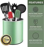 Bartnelli Extra Large Stainless Steel Kitchen Utensil Holder - 360° Rotating Utensil Caddy - Weighted Base for Stability - Countertop Organizer Crock With Removable Divider (Tea Green)