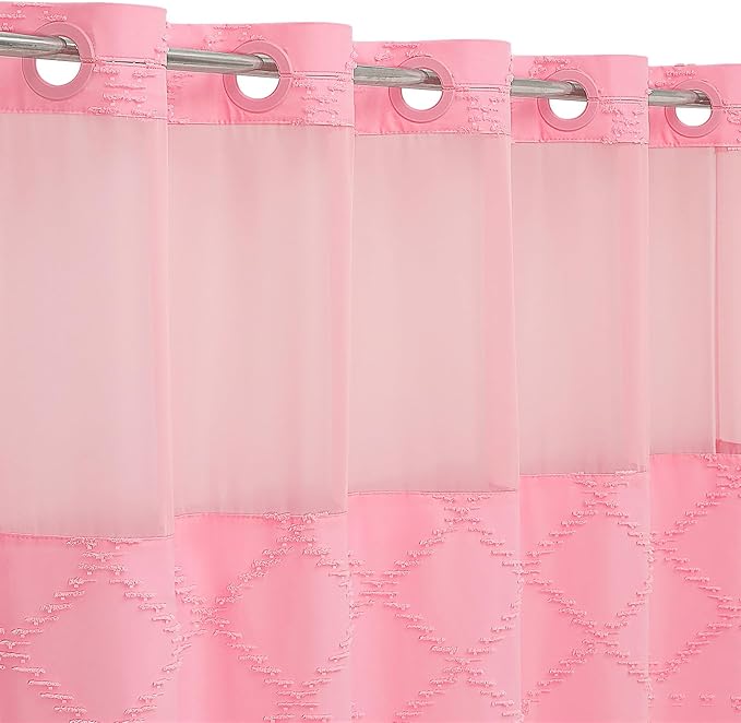No Hooks Boho Pink Woven Fabric Shower Curtain 72 x 74 Modern Farmhouse, Tufted Chevron Striped Shabby Chic Textured, Minimalist Cloth Hookless Shower Curtains for Bathroom, Hotel Decor