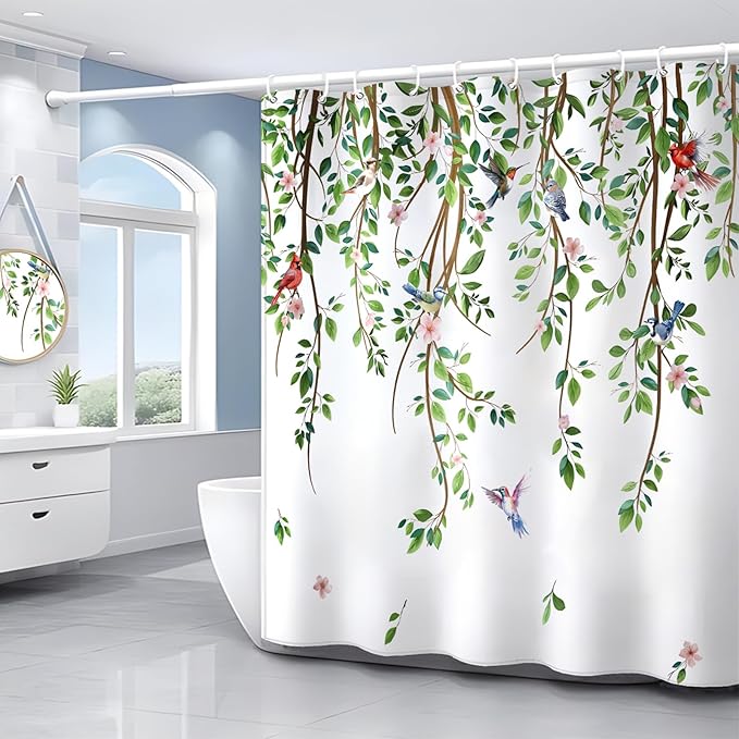 Green Leaves Birds Shower Curtain Hanging Vine Plant with Floral Shower Curtains for Bathroom Waterproof Polyester Fabric Bath Curtain 72 x 72 Inch with 12 Hooks
