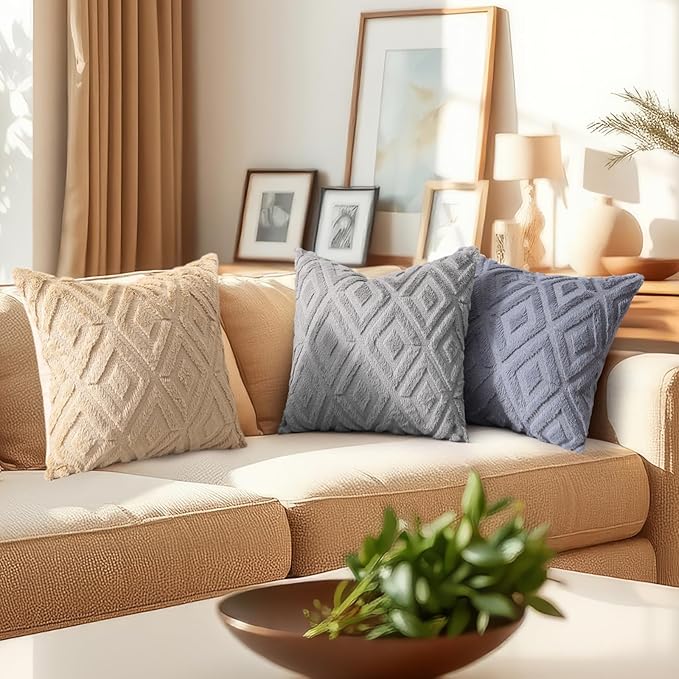 decorUhome Couch Throw Pillow Covers 18x18 Set of 2, Decorative Soft Plush Faux Wool Neutral Accent Pillow Covers for Bed Sofa Living Room, Light Khaki