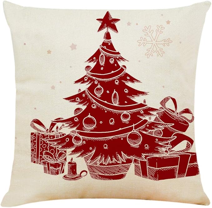 Ogrmar 4PCS 18"x18" Throw Pillow Covers Christmas Decorative Couch Pillow Cases Cotton Linen Square Cushion Cover for Sofa, Couch, Bed (Red and Beige)